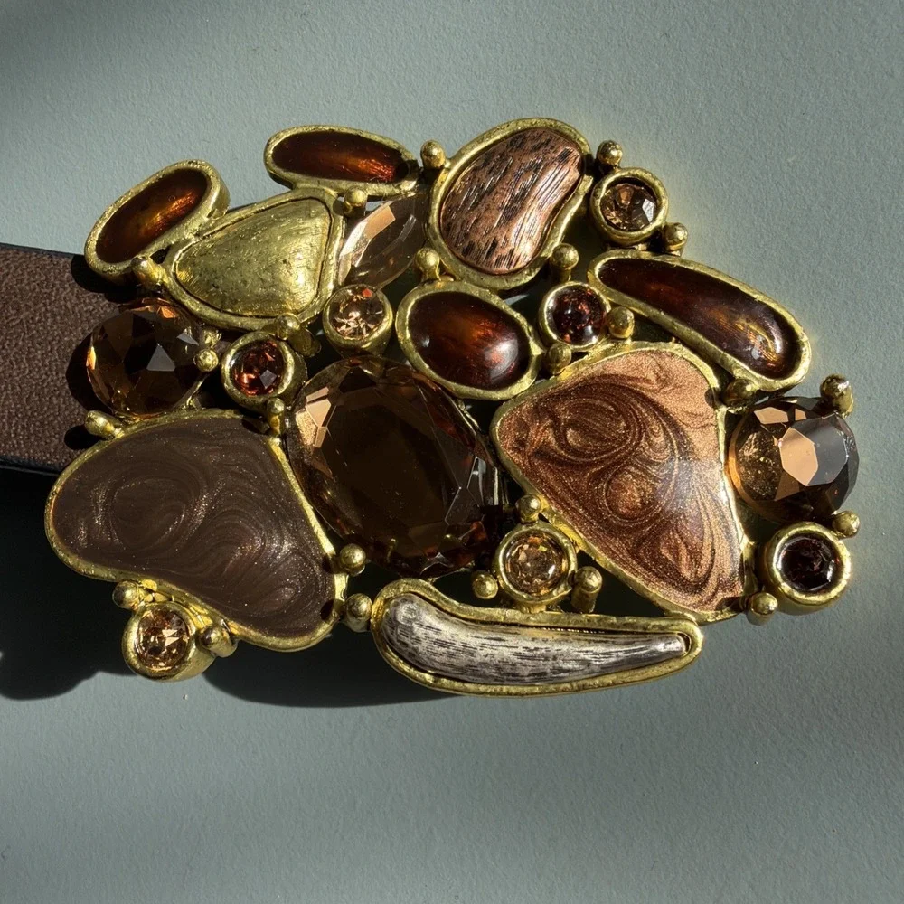 Chico's Chunky Brown Leather Belt Statement Boho Western Festival Gold Y2K